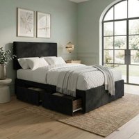 Bed Time UK Suede Divan Bed with 2 Drawers, 20" Plain Headboard & Memory Mattress in Black | Size: Small Double