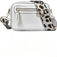 Fontanella Fashion Women's Quadruple Zipped PU Leather Tassel Crossbody Camera Bag with Canvas Strap in Silver