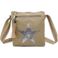 Fontanella Fashion Women's Star Tassel Triple Zip Canvas Crossbody Messenger Bag in Khaki