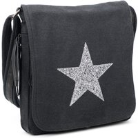Fontanella Fashion Women's Star Flap Medium Size Triple Zip Canvas Crossbody Messenger Bag in Black