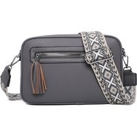 Fontanella Fashion Women's Quadruple Zipped PU Leather Tassel Crossbody Camera Bag with Canvas Strap in Dark Grey
