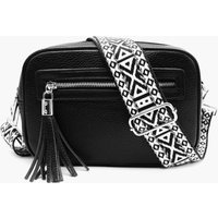 Double Zipper PU Leather Tassel Charm Wide Camo Strap Crossbody Bag