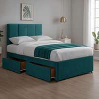 Bed Time UK Plush Divan Bed with Mattress 20" Vertical Line Headboard 2 Drawers in Teal | Size: Super King