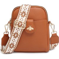 JFY Women's Bee Badge Two Zipped Sections Canvas Strap Cross Body Bag in Brown