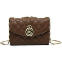 JFY Women's Quilted Check Pattern Crown Badge Cross Body Bag in Brown