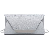 JFY Women's Diamante On The Flap Over Cover Glitter Clutch Bag in Silver