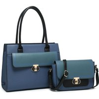 JFY Women's 2In1 Twist Lock Colour Block Crossbody Bag/ Tote Bag in Dark Blue