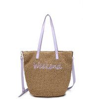 JFY Women's Long Handle Woven Straw Bucket Beach Bag in Lilac