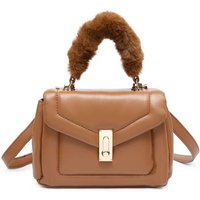 JFY Women's Quilted Pattern Faux Fur Handle Twist Lock Crossbody Bag/ Grab Bag in Brown