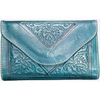 Berber Leather Women's Small Tri-Fold Embossed Leather Purse in Teal