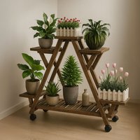 Rafaelo Mobilia 6 Tier Bamboo Wooden Plant Stand Shelves With Lockable Wheels in Brown