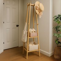 Rafaelo Mobilia Wooden Hallway Coat Rack Stand With 3 Shelves in Natural