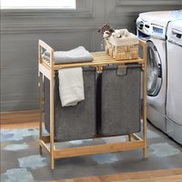 Rafaelo Mobilia Bamboo Grey Pull Out Double Laundry Basket With Shelf in Natural