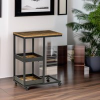 Pirlo Plush Industrial C Shaped Side Table 3-Tier With Wheels in Brown