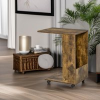 Pirlo Plush Industrial C Shaped Side Table With Storage & Wheels in Brown