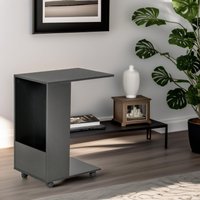 Pirlo Plush Industrial C Shaped Side Table With Storage & Wheels in Black