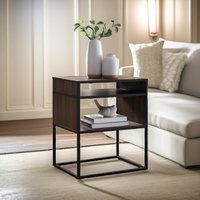 Pirlo Plush Industrial Square Side Table With Open Storage in Walnut