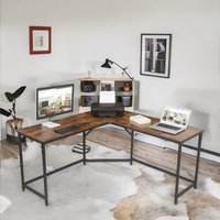 FURNOS Industrial Rustic L-Shaped Corner Computer Desk in Brown