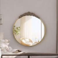 FURNOS 80CM Round Embossed Retro Wall Gold Mirror For Bedroom Living Room