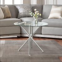 FURNOS Round Glass Coffee Table With Stainless Steel Legs in Silver