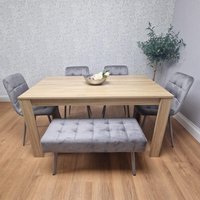 KOSY KOALA Oak Effect Dining Table With 4 Grey Velvet Chairs & 1 Grey Bench Dining Room Furniture in Brown