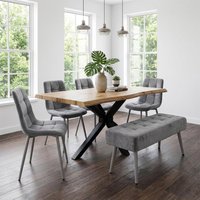 KOSY KOALA Wooden Dining Table with 2 Grey Velvet Chairs & Padded Bench, Dining Room Furniture in Brown