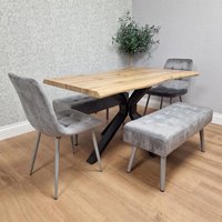 KOSY KOALA Wooden Dining Table with 2 Grey Velvet Chairs & Padded Benches, Dining Room Furniture in Brown
