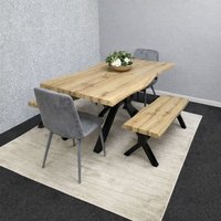 KOSY KOALA Wooden Dining Table with 2 Benches & Grey Velvet Chairs, Stylish Dining Room Furniture