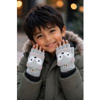 Lemon Daisy Accessories Children's Knitted Fox Flip Fingerless Gloves in Light Green | Size: 6-9 Years