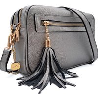 Kitise Women's Dual Zipper Tassel Charm Crossbody Camera Bag in Metallic Silver