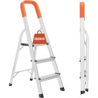 Novecrafto Folding 3 Step Ladder, Portable Aluminium Step Ladders, Compact Step Ladder with Safety Handrail in Silver