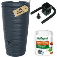 Novecrafto Water Butt Kit with Tap, Rain Diverter & Bio Cleaner - Water Collector Tank for Garden in Dark Grey