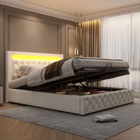 Matteo Functional Upholstered Bed with Slatted Frame & Storage Space in Beige