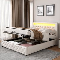 Matteo Functional Upholstered Bed with Slatted Frame & Storage in Beige