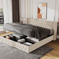 Matteo Functional Upholstered Bed with Hydraulic Lever & Storage in Beige | Size: Double