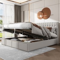 Matteo Upholstered King Size Bed with Hydraulic Lever & Functional Storage in Light Grey | Size: Double