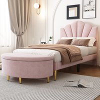 Matteo Single Luxurious Velvet Upholstered Bed with Storage Bench in Pink