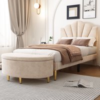 Matteo Velvet Upholstered Single Bed with Storage Bench, Beige