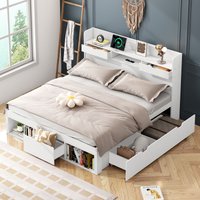 Matteo Double bed with USB port & drawers & storage cabinet, white