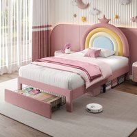 Matteo Pink Velvet Single Bed Frame with Adjustable Rainbow Headboard, Storage Drawer
