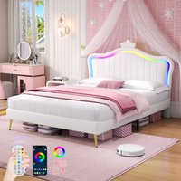 Matteo Double Cream White PU Leather Upholstered LED Adjustable Crown Headboard Bed Frame