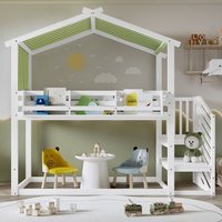Matteo Bunk bed, Teen Bed, Children's bed MDF + Pinewood + Plywood, Decorative Canopy, Corner Staircase in White | Size: Double