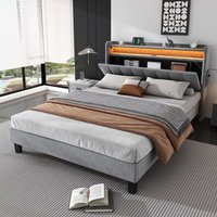 Matteo Upholstered Bed, 4ft6 double bed 135x190cm, Lower flap door storage, w/ LED light strip, 3 USB port+1 Type C, Durable & Sturdy, Youth bed, for