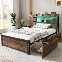 Matteo Metal Bed, 3FT Single Bed With LED Light Strip & 2 Drawers, 3 Charge Port, Durable & Sturdy in Black | Size: Single Fitted