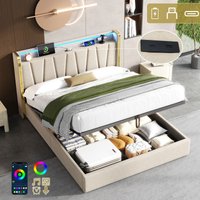 Matteo Luxury 4ft6 Double Upholstered Bed Frame with Hydraulic Storage, LED Headboard & USB-C Charging - Beige Linen