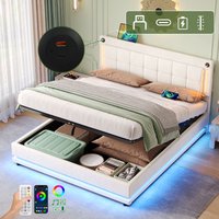 Matteo King Size Velvet Ottoman Bed Frame, RGB LED, Hydraulic Storage, USB & Type-C Charge, Adj. Tufted Headboard - Beige