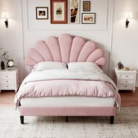Matteo Double Pink Velvet Bed Frame | Scalloped Petal Headboard, Solid Wood Slats & Easy Assembly