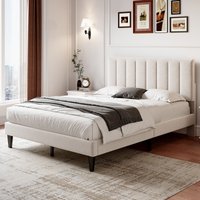 Matteo 4ft6 Double Upholstered Velvet Bed Frame with Adjustable Channel Tufted Headboard & Solid Wood Slats - Beige