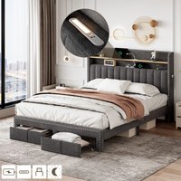 Matteo Modern Upholstered Double Bed Frame - Grey Linen with 2 Storage Drawers, USB & LED Headboard