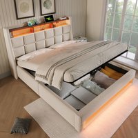 Matteo Upholstered Double Bed with LED Lighting, USB Type-C Charging Function in Beige